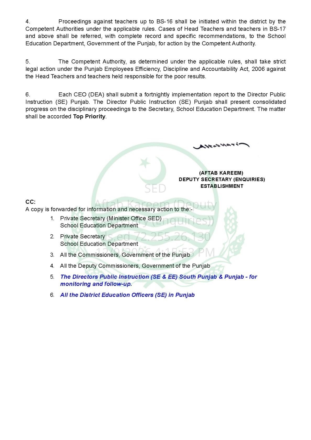Appreciation of Schools Securing 60%+ Results and Disciplinary Proceedings for Poor 9th Class Results – Punjab — notification page 2